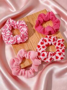 4个Y2K风格粉色爱心编织发圈，适合情人节，弹性发绳，可用作日常、休闲派对、旅行和节日发饰。 - 彩色 - 查看 3