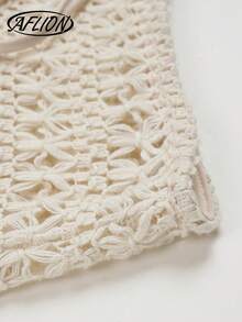 Aflion Quần ống loe cạp cao màu mơ dệt kim mới cho nữ mùa xuân/hè, chất liệu nhẹ, thoáng khí, kiểu dáng retro bohemian, thích hợp mặc đi biển. - Màu be - Xem 7