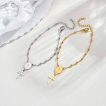 Pulsera de oro con cadena de cuentas espaciadoras de acero inoxidable y cruz de la Virgen María para mujeres - Dorado - Ver 6