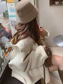Poncho otoño e invierno nuevo japonés dulce abrigo con capucha Novedad otoño/invierno estilo capa para tallas pequeñas: abrigo con capucha de estilo dulce inspirado en Japón. Abrigo de lana de primera calidad, largo medio, con capucha y botones. Bonito abrigo de lana estilo capa, largo medio, para llevar con ropa informal. - Beis - Ver 5