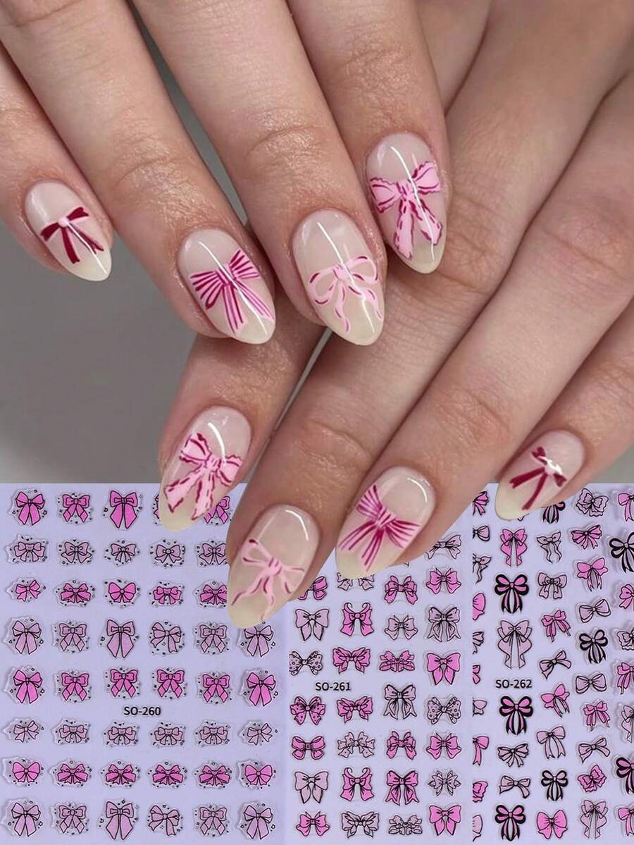 3片粉色丝带闪光美甲贴纸，3D粉色蝴蝶结可爱设计，自粘式美甲贴，适用于情人节和婚礼美甲，美甲装饰 - 彩色 - 查看 1