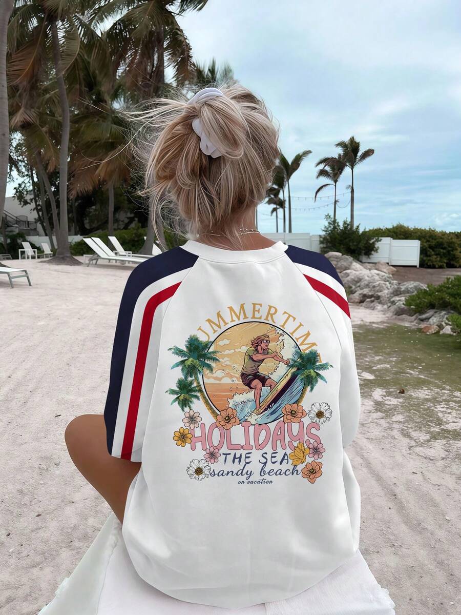 Camiseta de manga raglán, diseño de bloques de color en estilo retro americano para mujer, tops a juego de vacaciones de verano para parejas - Blanco - Ver 1