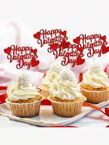 12/24pcs Valentine's Day Cupcake Toppers, Red Glitter Happy Valentine's Day Cupcake Decorative Picks, Suitable For Wedding, Engagement And Party Decoration, As Well As Valentine's Day Party Decor - Multicolor - View 2