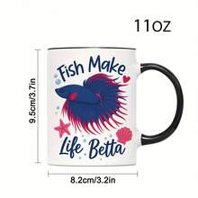 1pc 11oz Fish Make Life Betta Ceramic Mug - Blue & Red Betta Fish (Betta Fish) Design Coffee Tea Cup With Black & Lid-Like Glossy Edges, Microwave & Dishwasher, Aquarium-Themed Fish Lovers, Pet Owners, Birthdays - trắng - Xem 11
