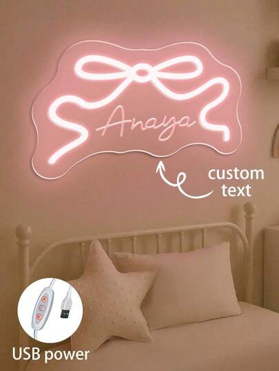 9.45" Customized Cute Butterfly Name Neon Light Christmas Decor For Girls Room, Pink Bow Neon Light Home Decor, Personalized Birthday Christmas Decorative Gift