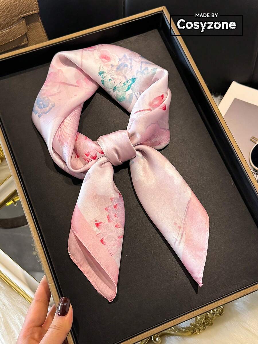 1 Stück eleganter Schmetterling & Blumen Muster 70cm quadratischer Schal/Bandana für Frauen, geeignet für Lässig, Streetwear, Kopftuch, Outdoor Sonnenschutz, dekoratives Accessoire - Babypink - Übersicht 1