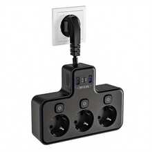 20W Fast Charging USB-C Wall Charger With Separate Switch, 3-Outlet Extension Socket, 3 USB Charging Ports (Total 3.4A), 4000W Multi-Plug Adapter, Black