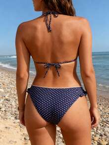 Women Two Piece Swimsuit Ruffle Swimwear Halter String Triangle Bikini Sets Polka Dots Bathing Suit - Màu xanh hải quân - Xem 7