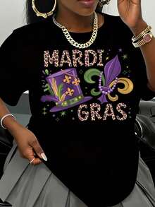 Mardi Gras Leopard Print Top Hat And Fleur De Lis Design T Shirt For Women Celebrate Carnival Festival Style ,220g - 黑色 - 查看 2