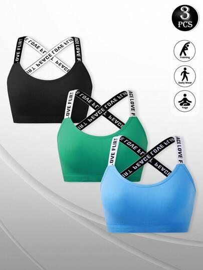 3 piezas Sujetador deportivo con tiras con letras para mujeres, adecuado para yoga, correr, entrenamiento