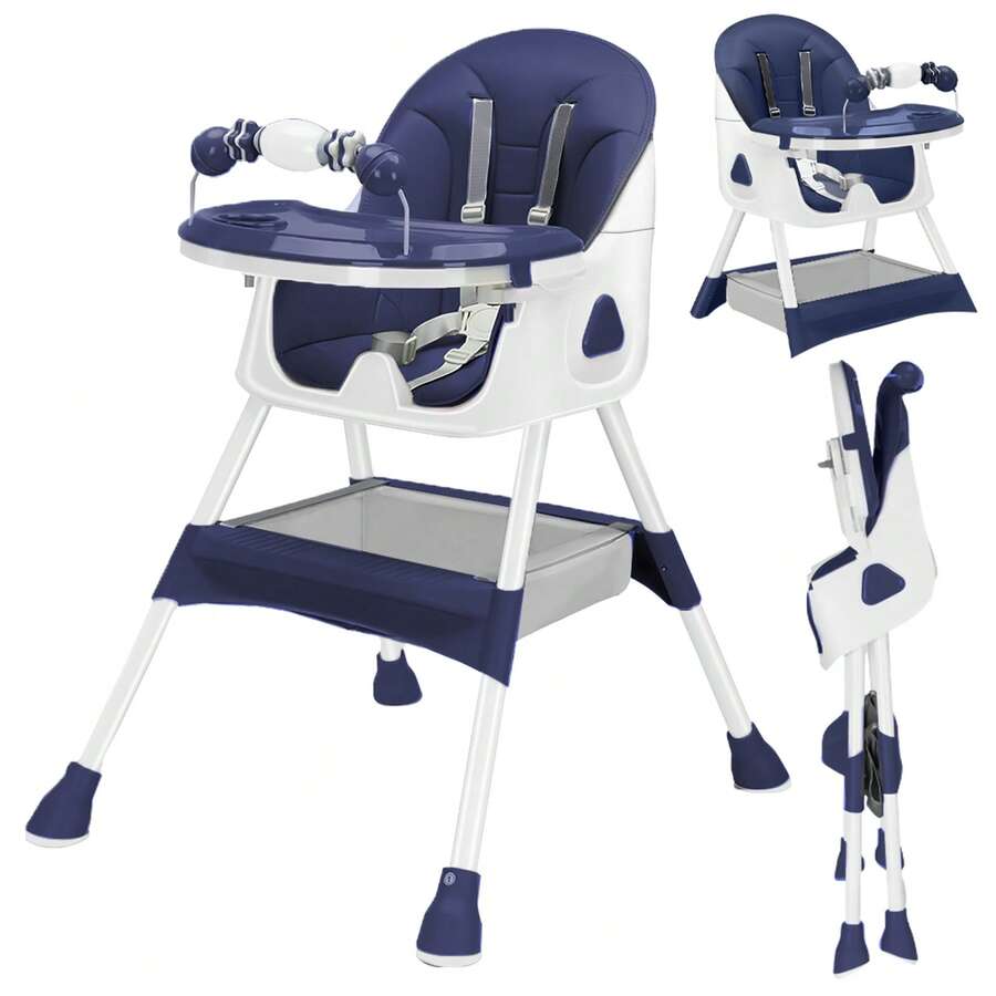 Piorlado Adjustable Height Children's High Chair  Portable Foldable Baby High Chair With Large Antislip Pad & Toy Rack Easy To Clean Feeding For Babies Infants Toddlers - 藍色 - 查看 1