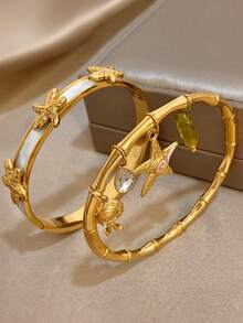 Bộ vòng tay sang trọng mạ vàng 18K bằng thép không gỉ, đính đá Zirconia, kiểu dáng Bohemia dành cho nữ, mặt dây chuyền hình sao biển, tre và rùa biển, quà tặng thanh lịch cho mẹ, trang sức mùa đông, lễ hội, đám cưới, dạ hội/tiệc tùng/phụ kiện hàng ngày, quà tặng kỷ niệm, ngày Valentine, trang sức Boho, quà sinh nhật, quà tặng cho phù dâu. - Nhiều màu - Xem 3