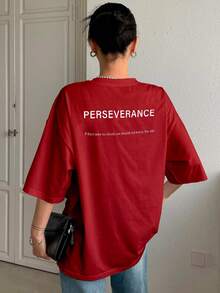 T-Shirt With "Perseverance" Print Lettering. Minimalist, Casual, Modern, Sophisticated, Simple, Basic, Summer, Oversized. - Red - View 2
