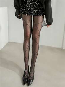 女士格子亮面连裤袜 - 性感黑色薄纱丝袜，带有微妙的闪光 - 黑色 - 查看 8
