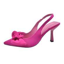Zapatos de tacón para mujer Tacones altos estilo francés Novedades de temporada Zapatos versátiles y modernos para mujer Sandalias de punta afilada con una sola correa y lazo grande estilo francés Tacones altos Tacones de aguja de color liso A la moda - Rosa Fucsia - Ver 9