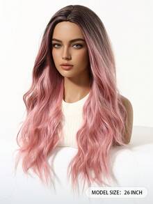 26 Inch Long Wavy Synthetic Wig, Ombre Pink To Dark Brown Roots, Middle Part, Heat Resistant, Suitable For Party, Halloween, Daily Wear, Halloween & Christmas Gift, Gift For Girlfriend, Summer & Festival Care, Natural Sexy Casual Sports Style, College Style Cosplay Heat Resistant Wig, Suitable For Festivals, Parties, Daily Wear - 漸層粉紅色 - 查看 4