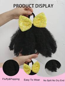 闪亮蝴蝶结发夹，蓬松卷曲的马利辫马尾辫，带松紧带，柔软发丝，适合儿童，1个装 - 黑色 - 查看 4