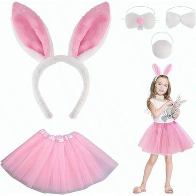 Set de Orejas de Conejo Nio Set de Accesorios para el Pelo con Orejas de Conejoncluye orejas, cola, Pajarita, Nariz, Falda Pequea, Adecuado para Nias y Mujeres, Disfraz de Conejito, Pascua.