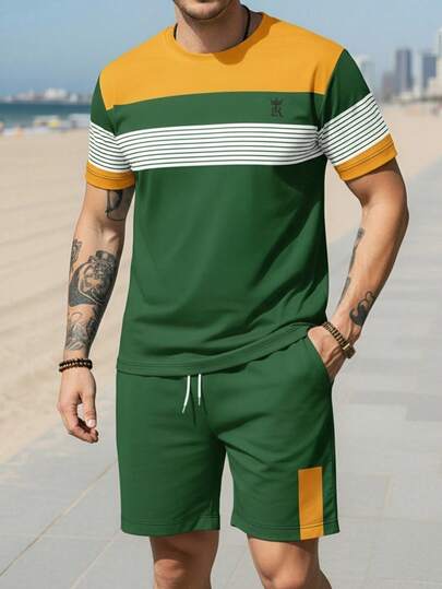 Men's Contrast Stripe Print Short Sleeve T-Shirt And Shorts Set