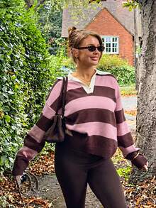 Suéter holgado de cuello alto de manga larga con rayas, estilo callejero, para mujer, primavera/otoño - Púrpura malva - Ver 5