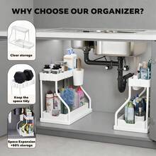 2 Pack Under Sink Organizers Black/White, 2-Tier Large Capacity Pull Out Kitchen & Bathroom Under Sink Drawer Organizer - Space-Saving, Durable Black Storage Solution - 白色 - 查看 2