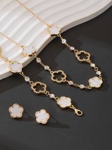 一套女士首饰：1条浪漫、精致、奢华、优雅、甜美、幸运的镂空水钻四叶草吊坠项链，1条手链，1对耳环 - 白色 - 查看 6