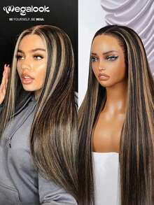 MEGALOOK 挑染高光100%真人发丝柔顺直发假发，6x5预剪蕾丝，预漂白发结，无需胶水，轻松佩戴，12-30英寸挑染彩色假发 - 新手友好，自然逼真，适合日常佩戴，可打造办公室、僵尸新娘、万圣节、派对、Y2K、坏女孩、度假、户外角色扮演、校园、学校假期、圣诞节、派对、婚礼、节日等各种场合，适合女性佩戴。 - SNATURAL/27 - 查看 3