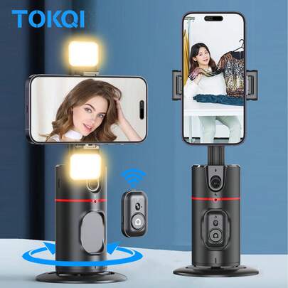 TOKQI 适用于智能手机/相机的360°旋转自动人脸追踪云台稳定器，配备可拆卸手机支架和蓝牙无线遥控器，兼容iOS和安卓系统，适用于摄影、度假旅行、户外活动和直播，无需安装应用程序