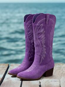 Women's 3-Color Vintage Embroidered Western Cowboy Boots - Suede, Pointed Toe, For Festivals/Casual Wear  Western Wedding Style    Fabric    Side Zipper  Buckle    Holiday - Bụi tím - Xem 5