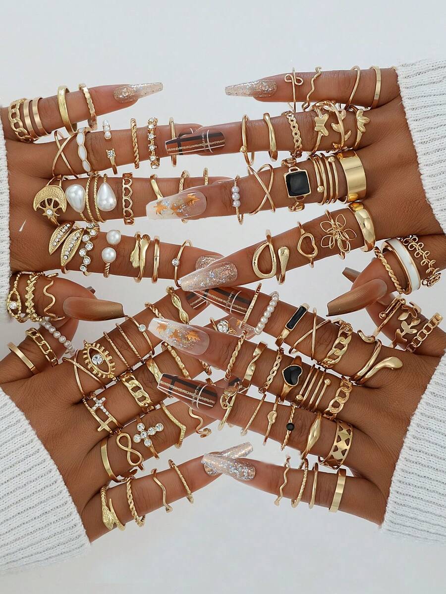 51/48pcs Simple & Fashionable Faux Pearl, Metallic, Geometric, Heart, Butterfly Stackable Ring Set, Women Couples Sisters Holiday Date Casual Party Wedding Christmas Valentine Gift For Mom Friends - Vàng - Xem 1