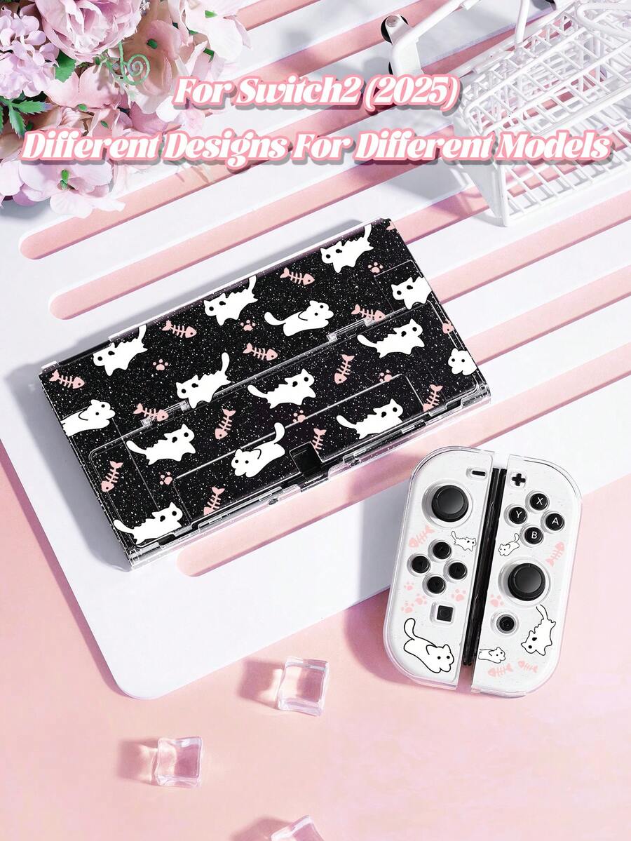 1个卡通猫鱼骨图案透明闪光保护壳，兼容Switch 2 (2025) / Switch OLED主机和Joy-Con手柄，Switch玩家的最佳礼物 - 彩色 - 查看 1