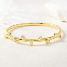 1pc 18K Gold Plated Copper Leaf Inlaid Rhinestone Cuff Bracelet For Women, Elegant Jewelry Gift For Daily & Formal Occasions, Unisex Color Tone, Exquisite Polished Finish - Multicolor - View 9