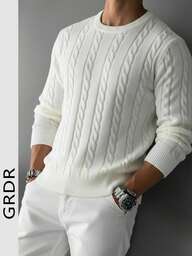 GRDR Suéter de punto de cuello redondo de manga larga con patrón floral retorcido para hombre