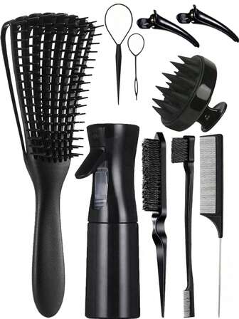 这款防缠绕通风梳配有喷雾瓶、头皮按摩器、边缘梳、尖尾梳、环形工具和分区夹，是卷发、假发、辫子和日常护发的完整造型套装。