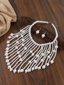 夸张多层猫尾草造型手工串珠仿珍珠项链耳环套装，复古波西米亚风项链配饰 - 白色 - 查看 7