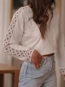 Women's Elegant Spring/Summer New T-Shirt, Lace Patchwork Ruffle Trim Solid White Casual Pocket Round Neck Tee - White - View 4