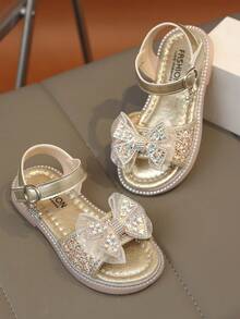 1双时尚百搭女童珍珠水钻蝴蝶结装饰可爱平底凉鞋，圆头设计，适合日常穿着、跳舞、户外活动，亮片装饰闭趾公主鞋，春秋季款 - 金色 - 查看 3