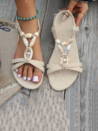 2026 New Fashion Item, Bohemian Beaded Sandals, Women's Flat Open Toe Comfortable Vacation Beach Shoes, Light Color New Style, Versatile Daily Wear, Comfortable Casual, Size 36-43