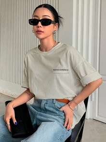 T-Shirt With "Perseverance" Print Lettering. Minimalist, Casual, Modern, Sophisticated, Simple, Basic, Summer, Oversized. - Cream - View 6