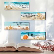 4pcs Rectangular Wooden Coastal Style Wall Decor Plaques, Vintage Fresh Beach & Ocean Theme, Inspirational Bible Verse Home Wall Art, Nautical Living Room Bedroom Entryway Decor, Spring Home Refresh Gift, Romantic Valentine's Day Couple Home Decor, Easter Seaside Healing Wooden Boards - Mint Blue - View 4