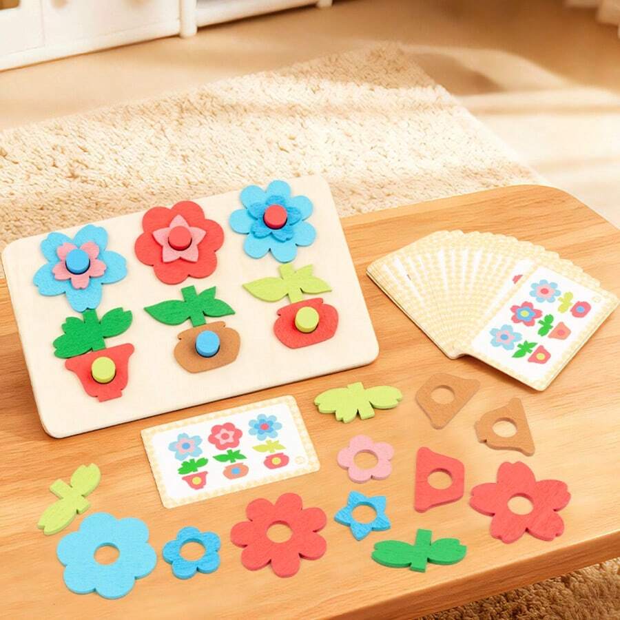 A Set Of Wooden Versatile Flowers And Wooden Versatile Building Blocks For Early Education And Puzzle Board Games, With Rich Colors For Logical Thinking Training, Suitable For Family Interactive Games For Children Over 3 Years Old. Suitable For Birthday Gifts For Boys And Girls, Christmas, Halloween, Holiday Gatherings, Board Games And Game Supplies