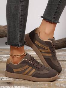 女士休闲百搭条纹运动鞋，女士时尚吸睛舒适耐穿橡胶软底运动鞋，女士透气轻便拼接运动鞋 - 咖啡棕 - 查看 5