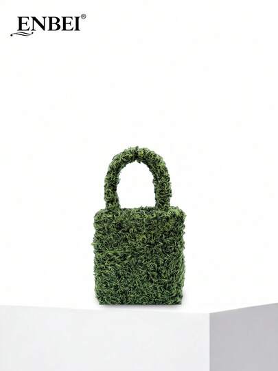 ENBEI BAIZE Mini Cute Lawn Texture Green Plush Handbag, Women's Handbag, Travel Bag, Eye-Catching And Adorable Outdoor Item, Easy To Carry, Travel Essential, Suitable For Travel And Shopping, Perfect Match For Spring Outfits, Valentine's Day Gift, Mother's Day Gift