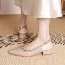 Zapatos de tacón para mujer Zapatos de piel con puntera hueca y remaches Vestidos de verano combinados con sandalias de tacón alto Bailarinas francesas de color nude para mujer - Albaricoque - Ver 3