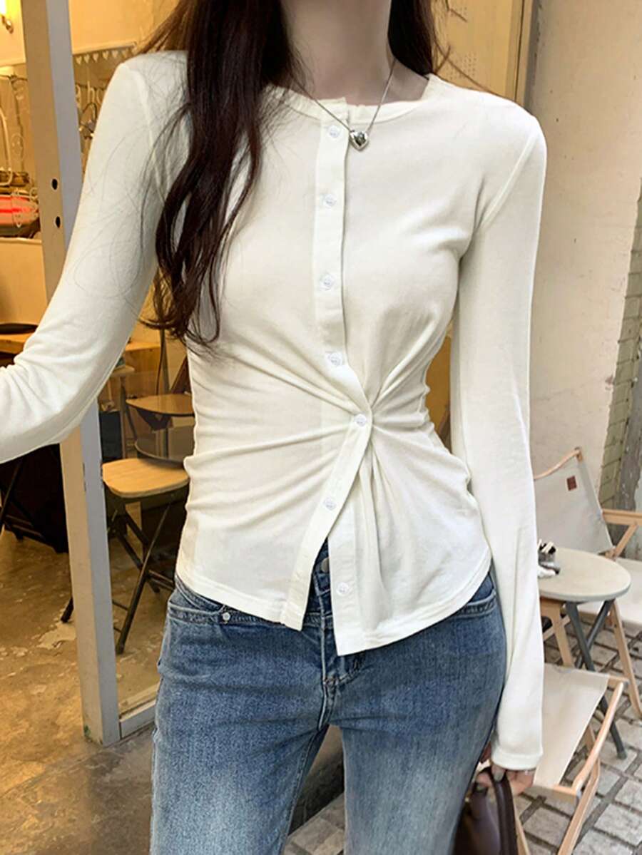 Thin Long Sleeve Undershirt Women, New Design Oblique Button Niche T-Shirt - White - View 1
