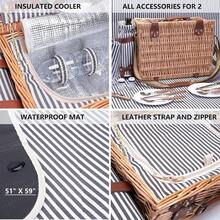 Cesta de picnic con manta y bolsa de vino para 2 juegos de picnic de mimbre con forro aante para camping boda rayas - De sus rayas para2 - Ver 4