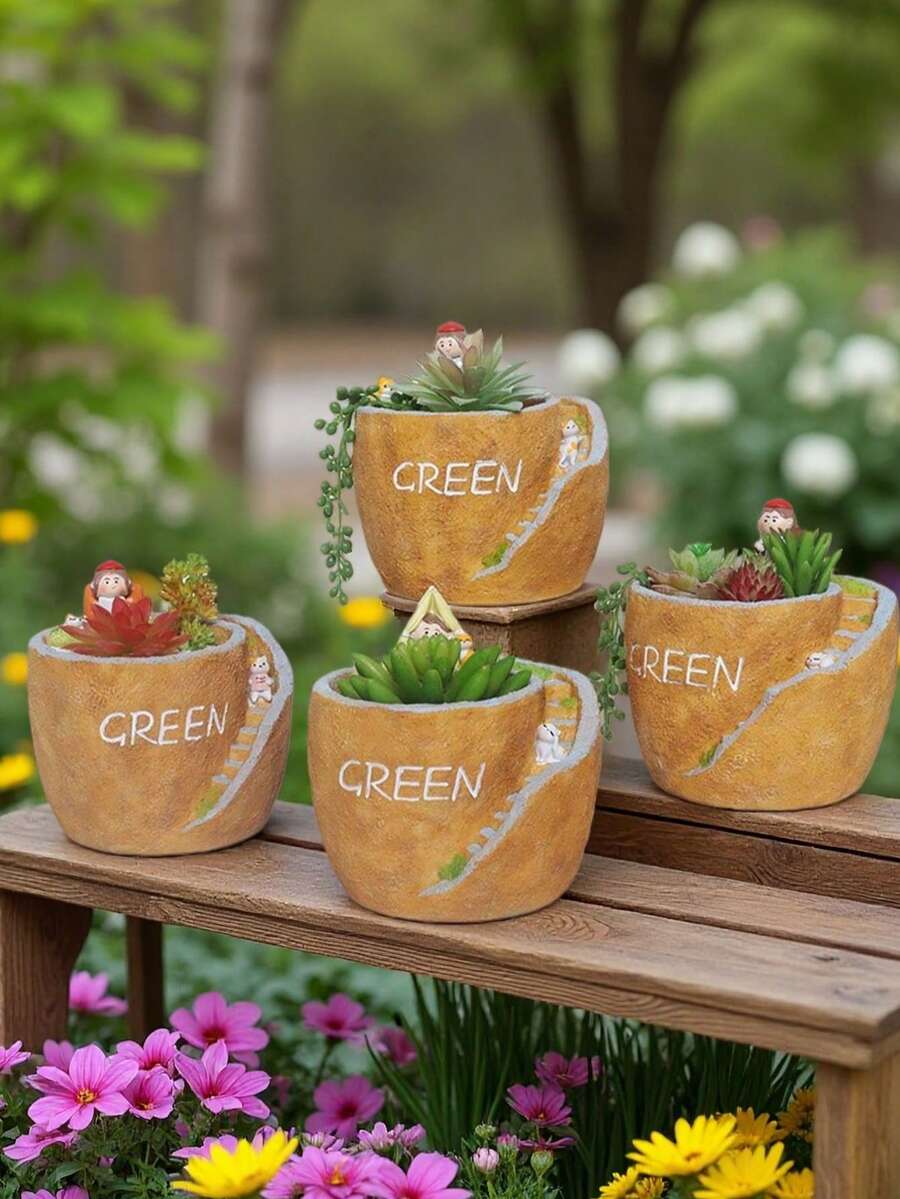 "Whimsical Resin Succulent Planter With Mini Figure & Staircase Design - Rustic 'GREEN' Decor Pot For Indoor Windowsill/Outdoor Garden (Plant Not Included)" - Multicolor - View 1