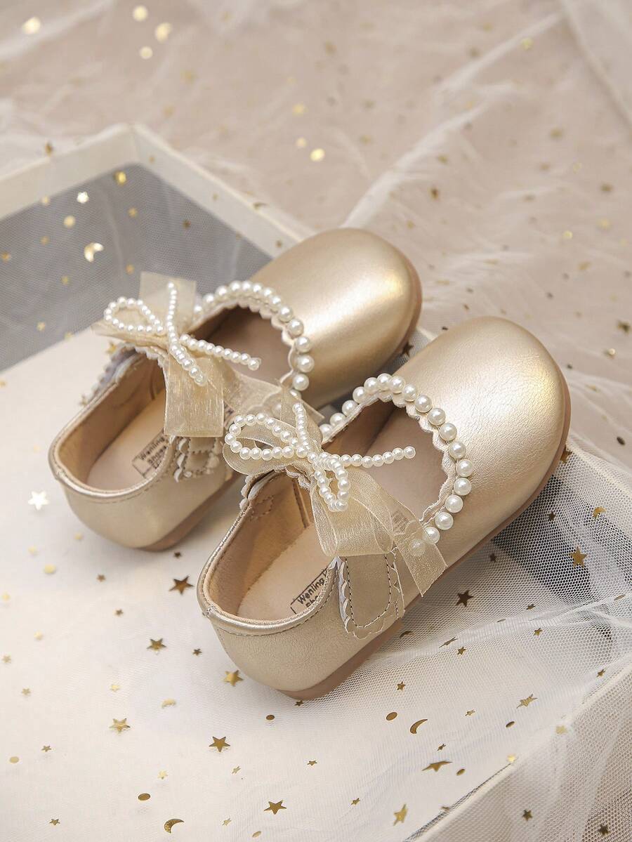 1双价格实惠的女童新款时尚优雅简约珍珠刺绣网纱透气手工珍珠蝴蝶结装饰松紧带花边柔软舒适易穿的平底公主鞋，适合搭配短裤、裙子、钢琴演奏，春夏秋季均适用。 - 玫瑰金 - 查看 1