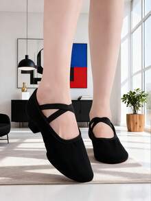 Modne buty do tańca na niskim obcasie 3 cm, z miękką podeszwą, dla kobiet, kolor czarny, elastyczny pasek na krzyż, wsuwane buty do uprawiania sportów halowych, do jogi, baletu, tańca latynoamerykańskiego i tańca współczesnego, wygodne, trwałe, lekkie, oddychające - Czarne - Zobacz 5