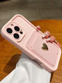 2pcs/Set Cute & Luxurious Pink Camera Lens Protection Phone Case With 3D Golden Heart Card Holder, Suitable Compatible With Iphone17 16 16Promax 16Pro 16plus XR 15 14 Pro Max 12 13 Pro 11, Candy Shockproof Protective Cover Compatible With Samsung Series - Pink - View 3